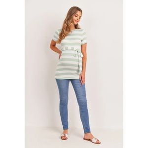 Striped Boat Neck Maternity Top with Belt - mint/white